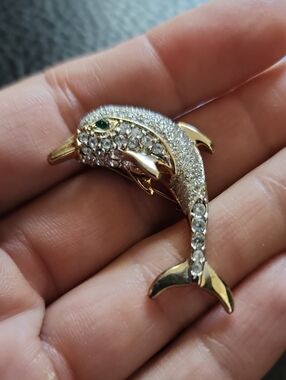 Gold Dolphin Rhinestone Brooch - Gold